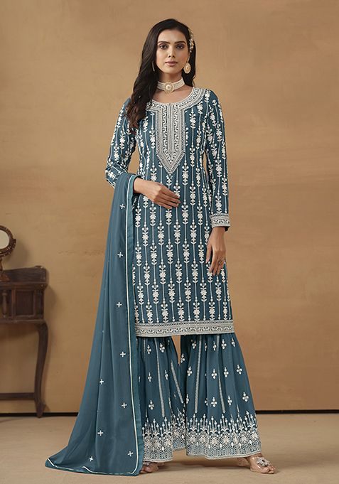 Teal Blue Embroidered Faux Georgette Kurta Set