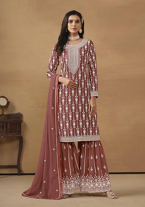 Light Brown Embroidered Faux Georgette Kurta Set