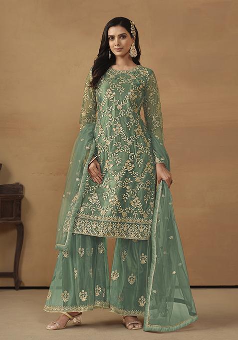 Sea Green Embroidered Net Kurta Set