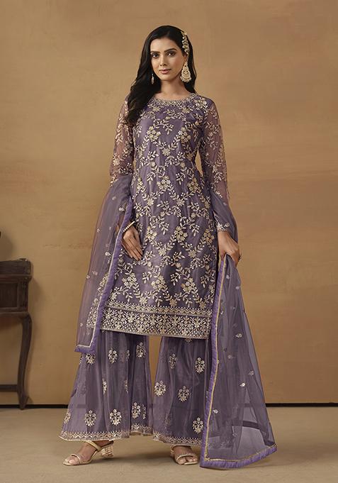 Purple Embroidered Net Kurta Set