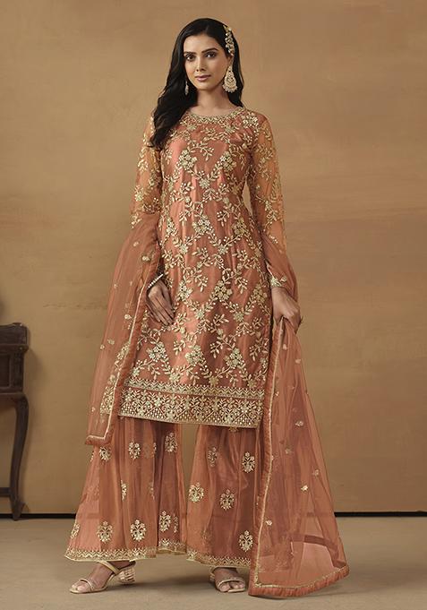 Chiku Brown Embroidered Net Kurta Set