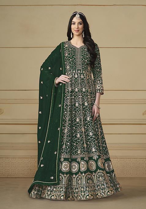 Green Embroidered Faux Georgette Anarkali Kurta Set