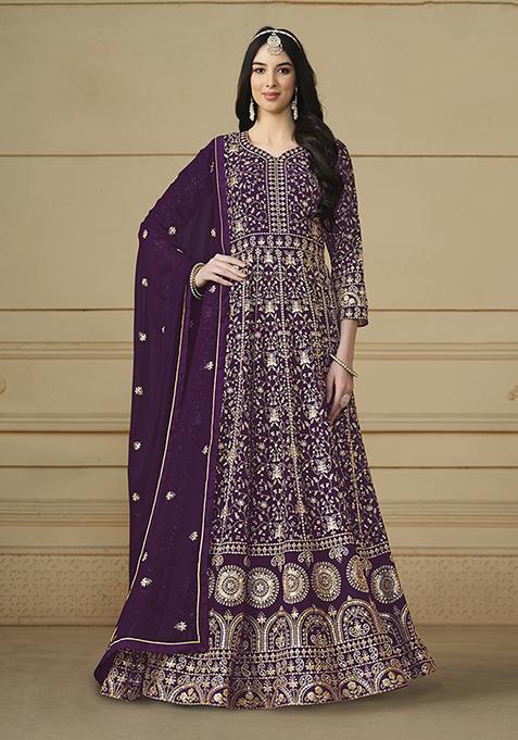 Purple Embroidered Faux Georgette Anarkali Kurta Set