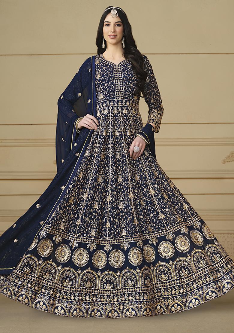 Navy Blue Embroidered Faux Georgette Anarkali Kurta Set