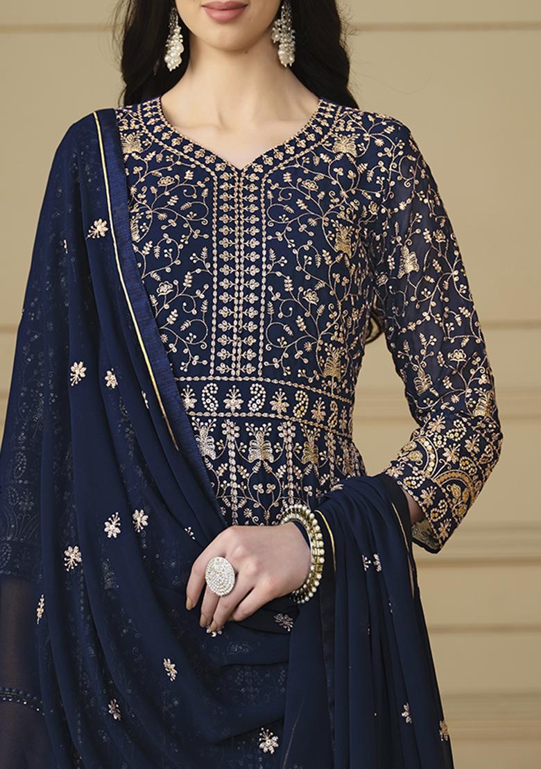 Navy Blue Embroidered Faux Georgette Anarkali Kurta Set