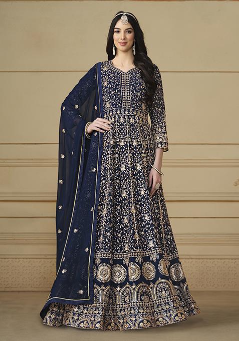 Navy Blue Embroidered Faux Georgette Anarkali Kurta Set