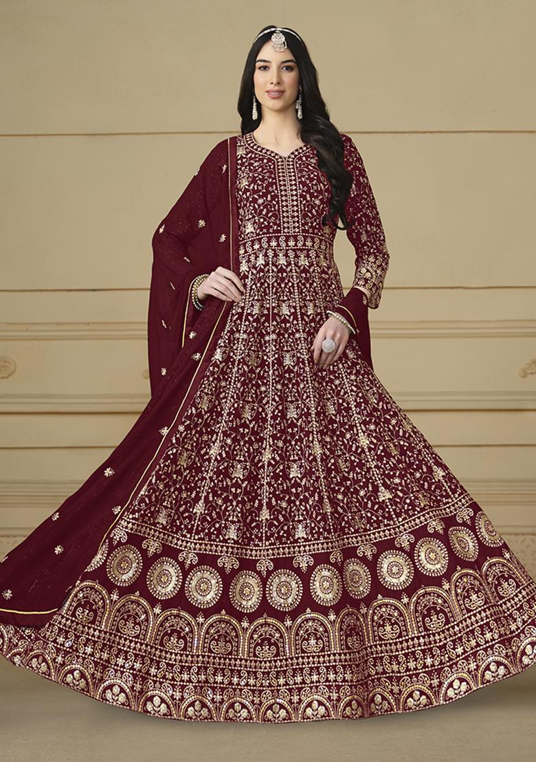 Maroon Embroidered Faux Georgette Anarkali Kurta Set
