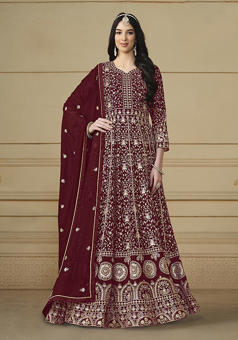 Maroon Embroidered Faux Georgette Anarkali Kurta Set