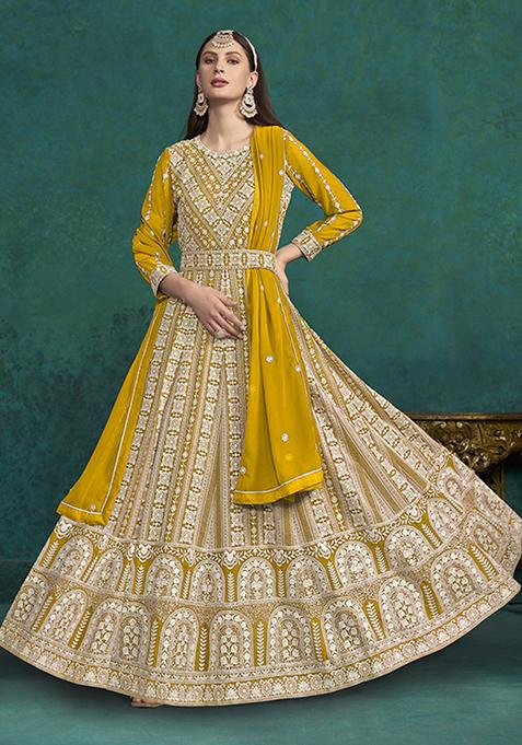 Yellow Embroidered Faux Georgette Anarkali Kurta Set