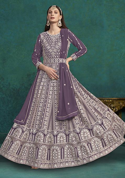 Purple Embroidered Faux Georgette Anarkali Kurta Set