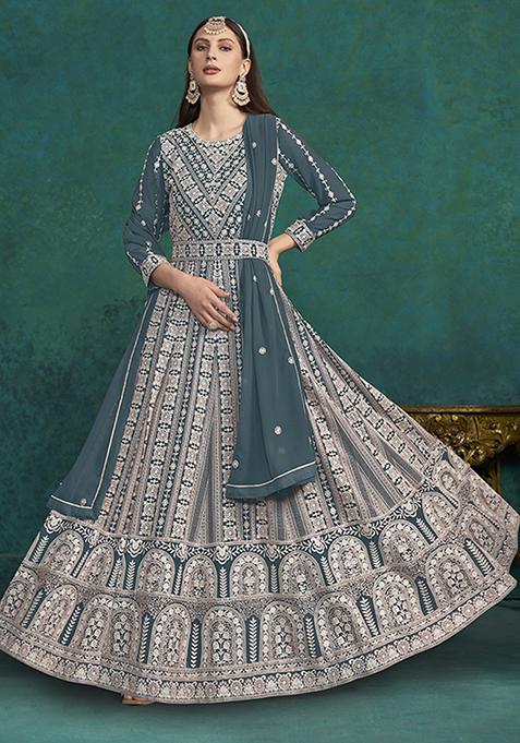 Teal Blue Embroidered Faux Georgette Anarkali Kurta Set