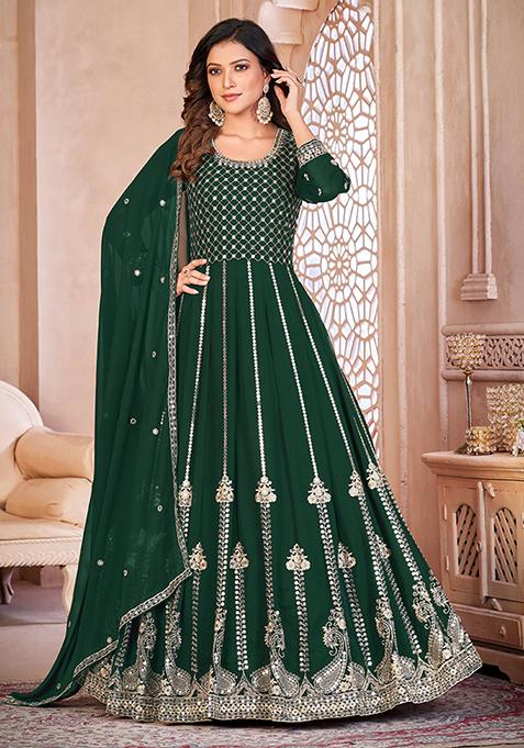 Dark Green Embroidered Georgette Anarkali Kurta Set