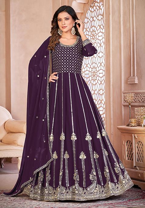 Purple Embroidered Georgette Anarkali Kurta Set