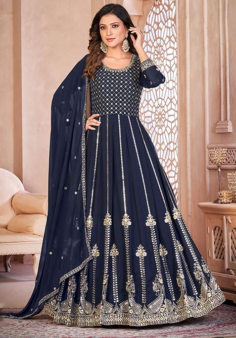 Navy Blue Embroidered Georgette Anarkali Kurta Set