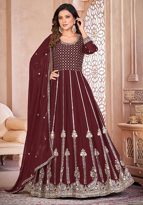 Red Embroidered Georgette Anarkali Kurta Set