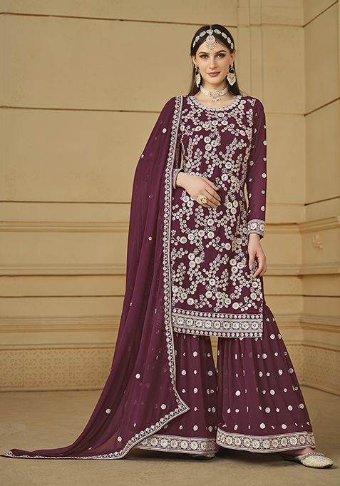 Wine Embroidered Faux Georgette Kurta Set