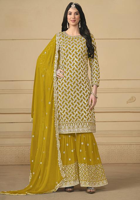 Mustard Embroidered Faux Georgette Kurta Set