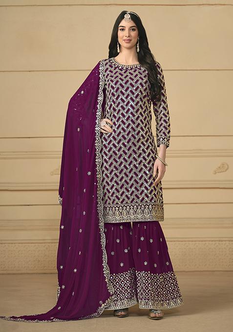 Purple Embroidered Faux Georgette Kurta Set