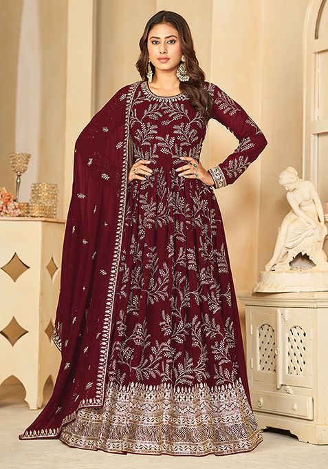 Maroon Embroidered Faux Georgette Kurta Set