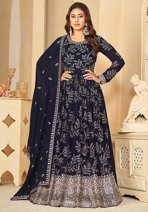 Navy Blue Embroidered Faux Georgette Kurta Set