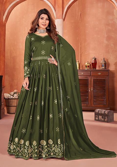 Olive Embroidered Art Silk Anarkali Kurta Set