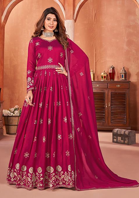 Rani Pink Embroidered Art Silk Anarkali Kurta Set