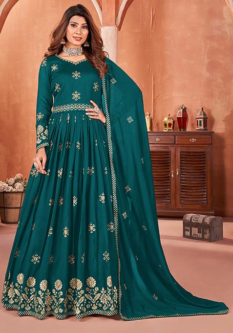 Teal Blue Embroidered Art Silk Anarkali Kurta Set