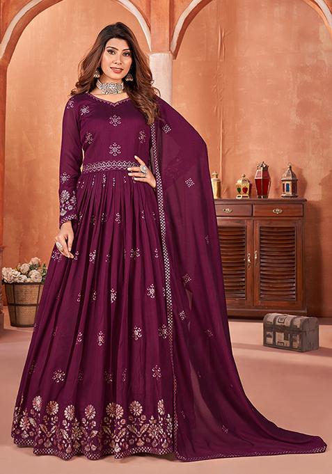 Plum Embroidered Art Silk Anarkali Kurta Set