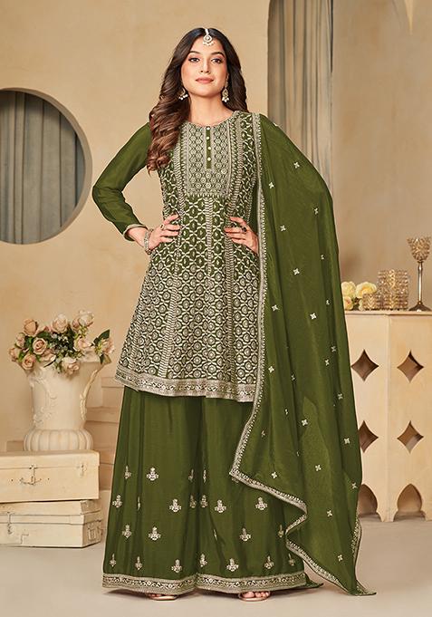 Dark Olive Embroidered Art Silk Kurta Set