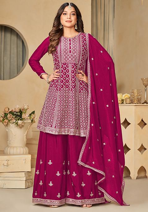 Rani Pink Embroidered Art Silk Kurta Set