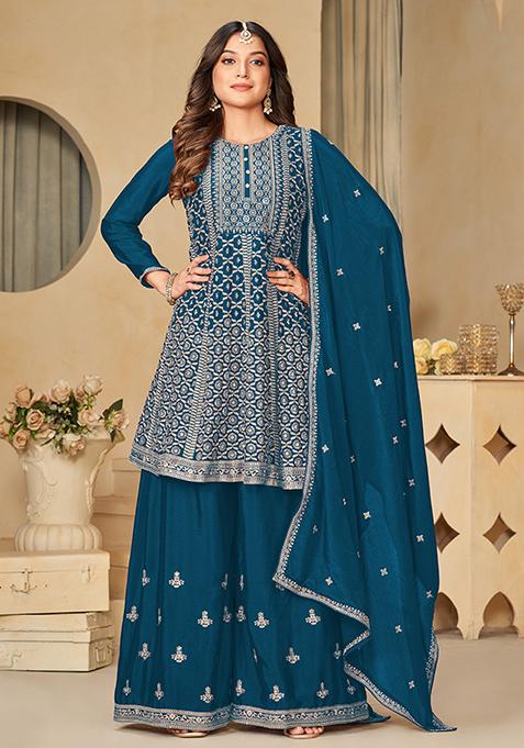 Teal Blue Embroidered Art Silk Kurta Set