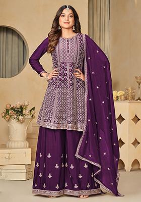 Dark Purple Embroidered Art Silk Kurta Set