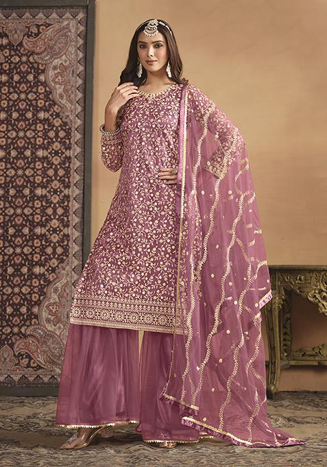 Pink Embroidered Net Kurta Set