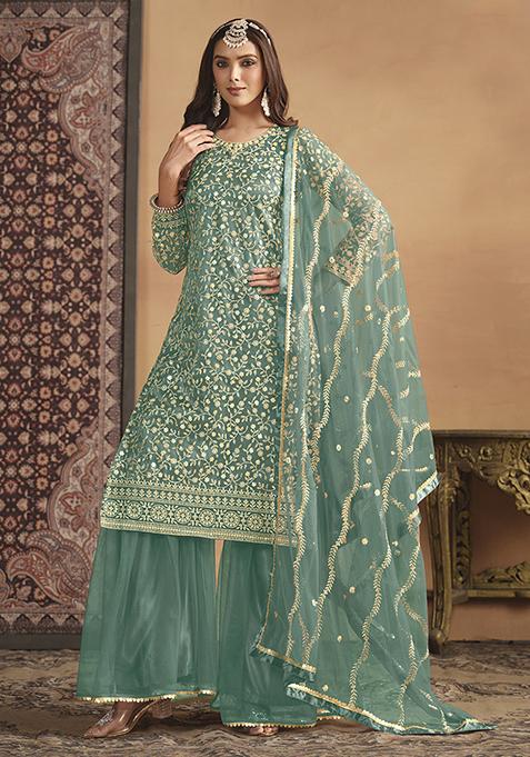 Light Turquoise Embroidered Net Kurta Set