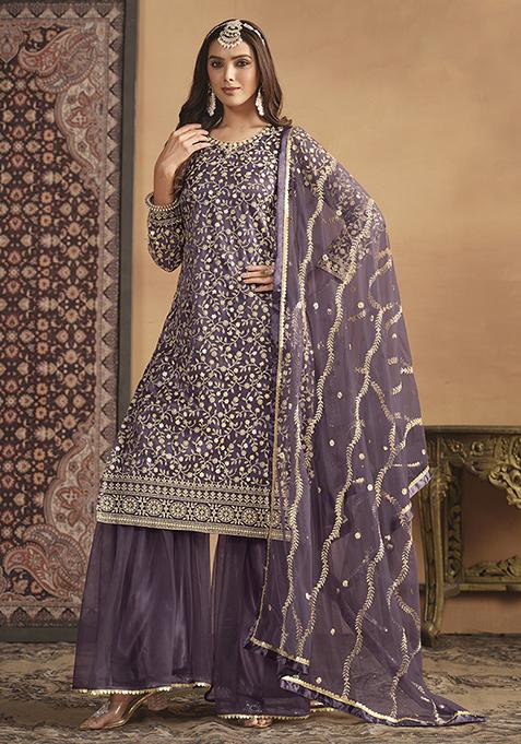 Lavender Embroidered Net Kurta Set