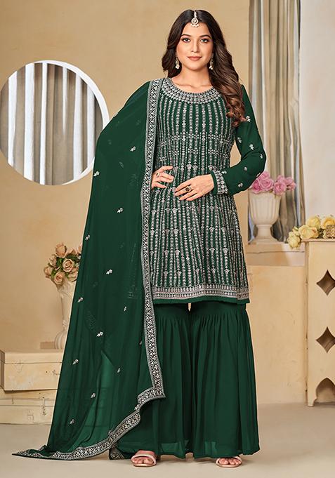 Green Embroidered Faux Georgette Kurta Set