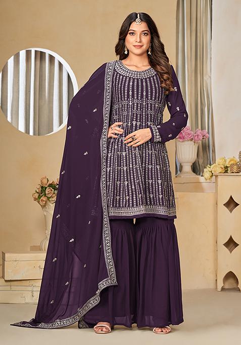 Purple Embroidered Faux Georgette Kurta Set