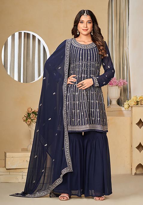 Deep Blue Embroidered Faux Georgette Kurta Set