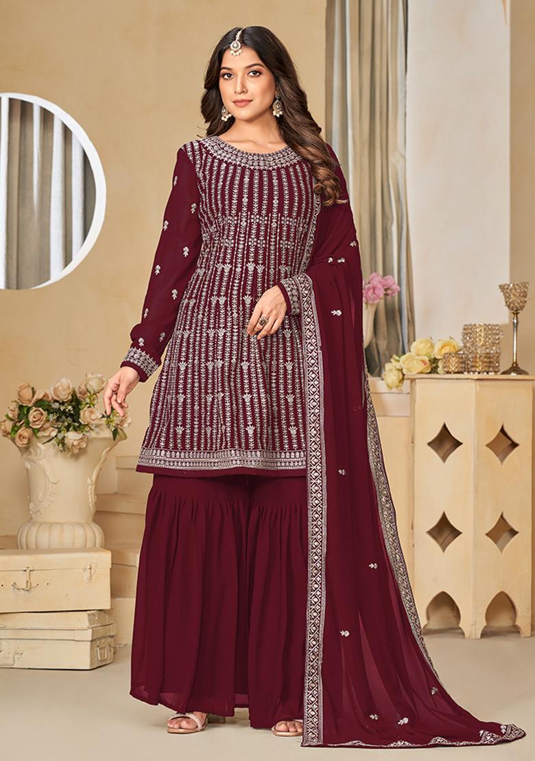 Maroon Embroidered Faux Georgette Kurta Set