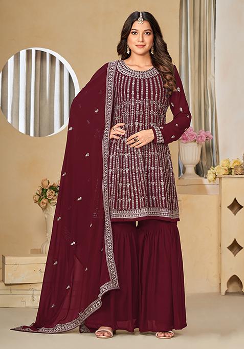 Maroon Embroidered Faux Georgette Kurta Set