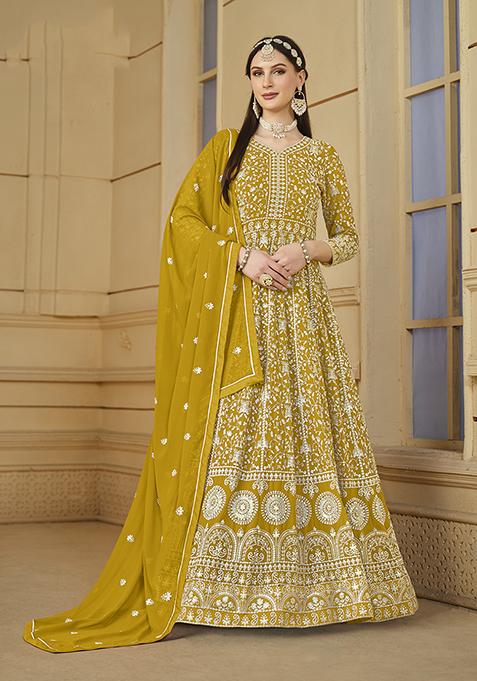 Mustard Embroidered Faux Georgette Kurta Set