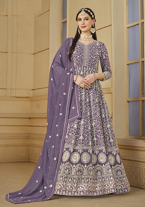 Lavender Embroidered Faux Georgette Kurta Set