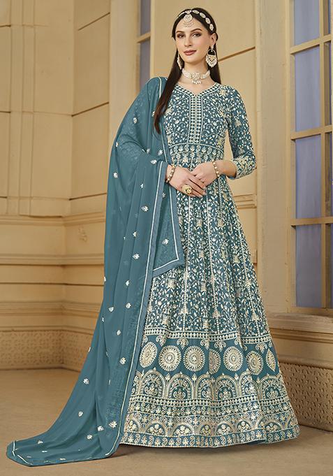 Teal Embroidered Faux Georgette Kurta Set