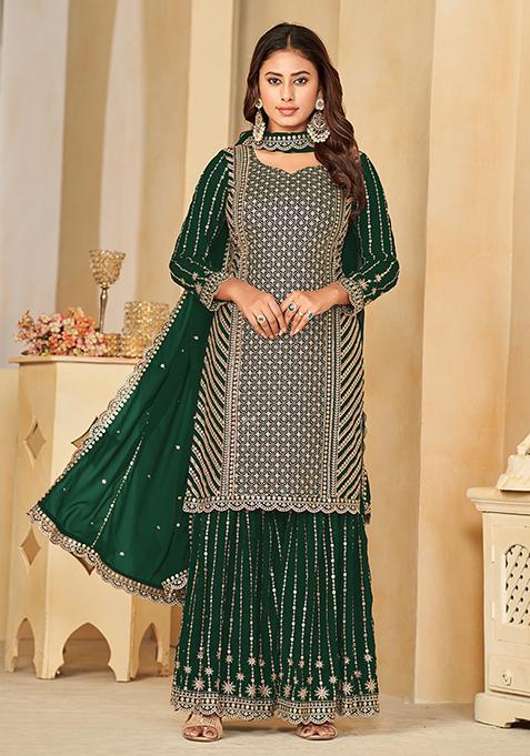 Green Embroidered Faux Georgette Kurta Set