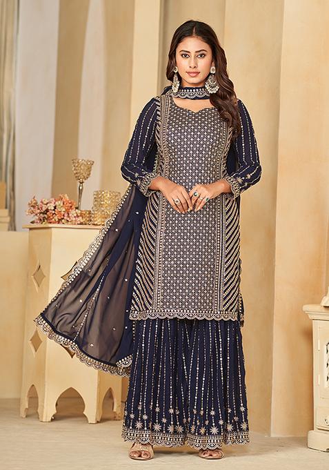 Navy Blue Embroidered Faux Georgette Kurta Set