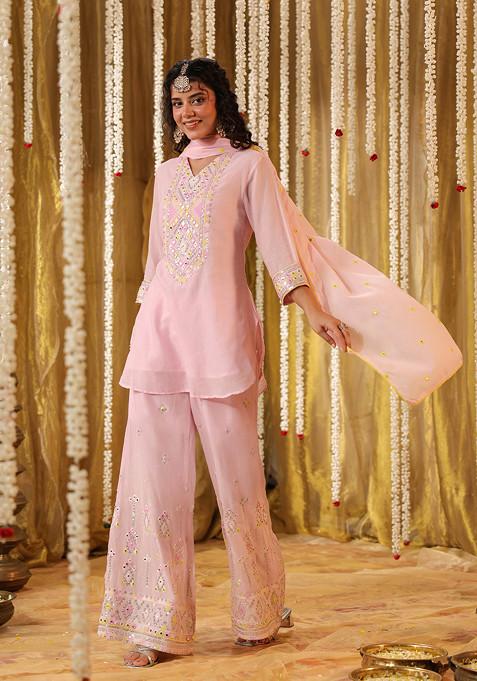 Pink Sequin Mirror Embroidered Cotton Mulmul Palazzo Set