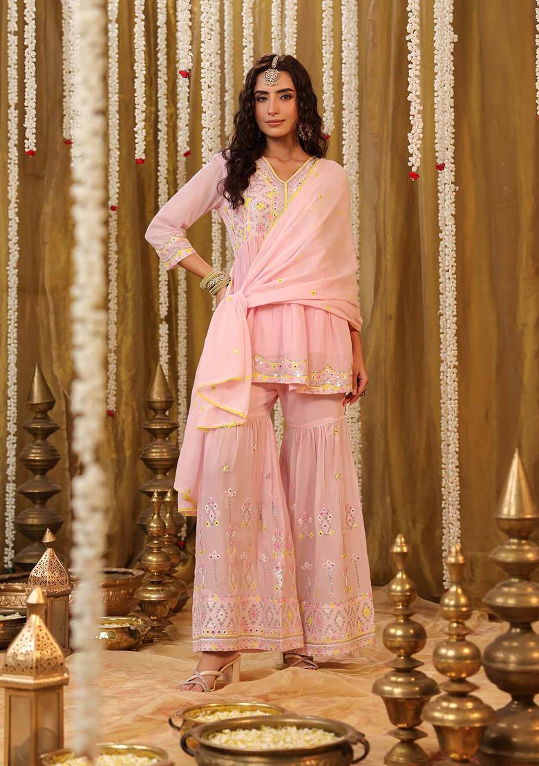 Pink Sequin Mirror Embroidered Cotton Mulmul Sharara Set