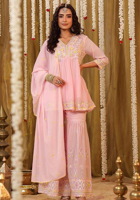 Pink Sequin Mirror Embroidered Cotton Mulmul Sharara Set