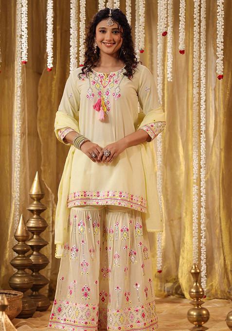 Yellow Sequin Mirror Embroidered Cotton Mulmul Sharara Set