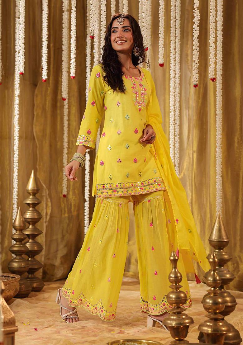 Yellow Sequin Mirror Embroidered Cotton Mulmul Sharara Set